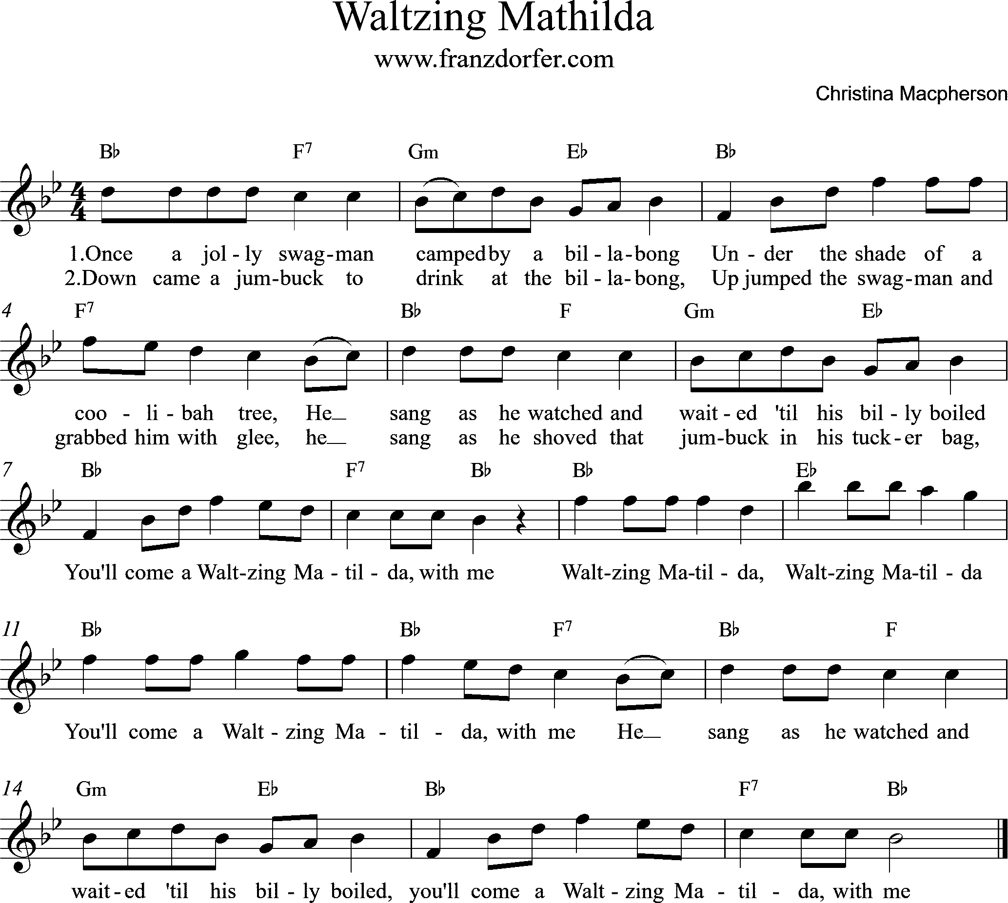 Waltzing Matilda, sheetmusic, Bb-Major